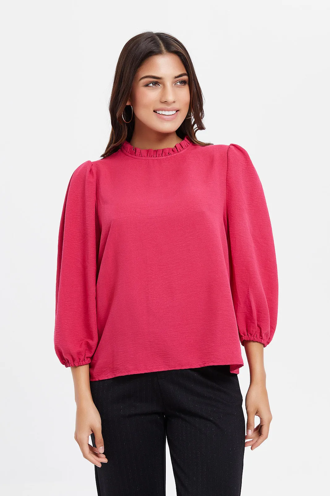 Women Fuchsia Ruffled Neck Blouse