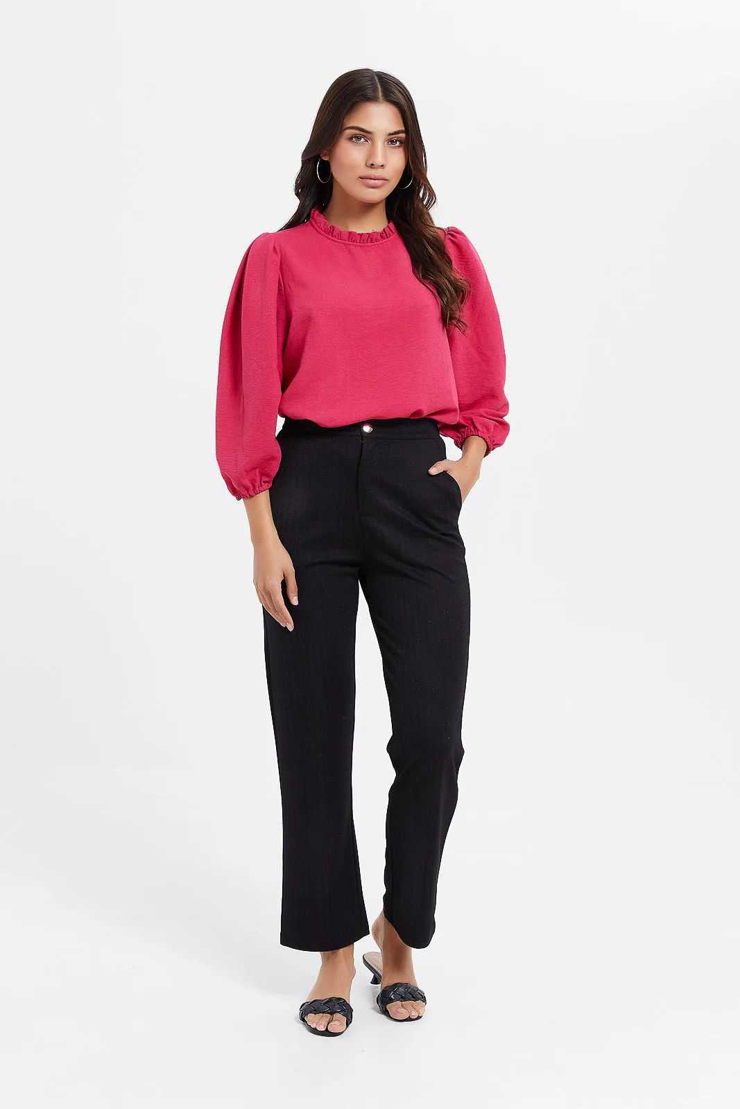 Women Fuchsia Ruffled Neck Blouse