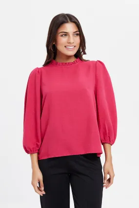 Women Fuchsia Ruffled Neck Blouse