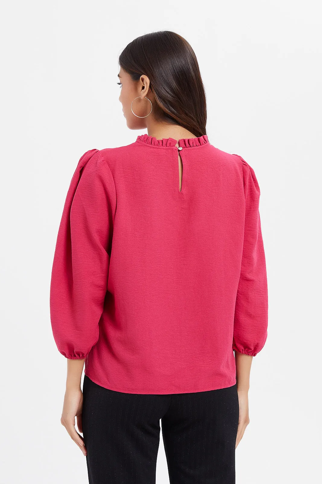 Women Fuchsia Ruffled Neck Blouse