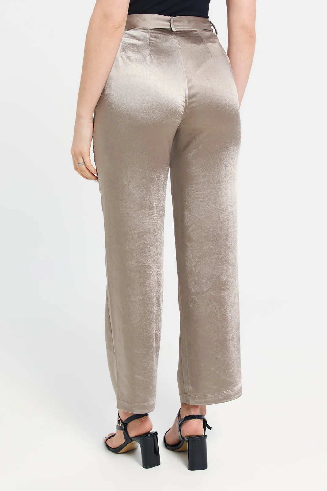 Women Taupe Tie Up Satin Trousers