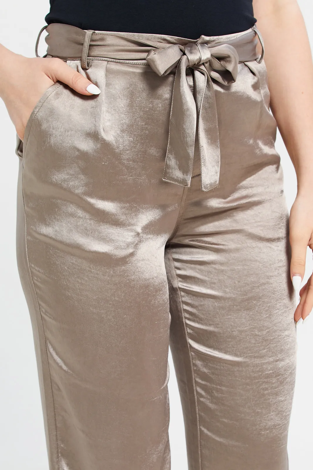 Women Taupe Tie Up Satin Trousers