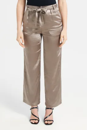 Women Taupe Tie Up Satin Trousers