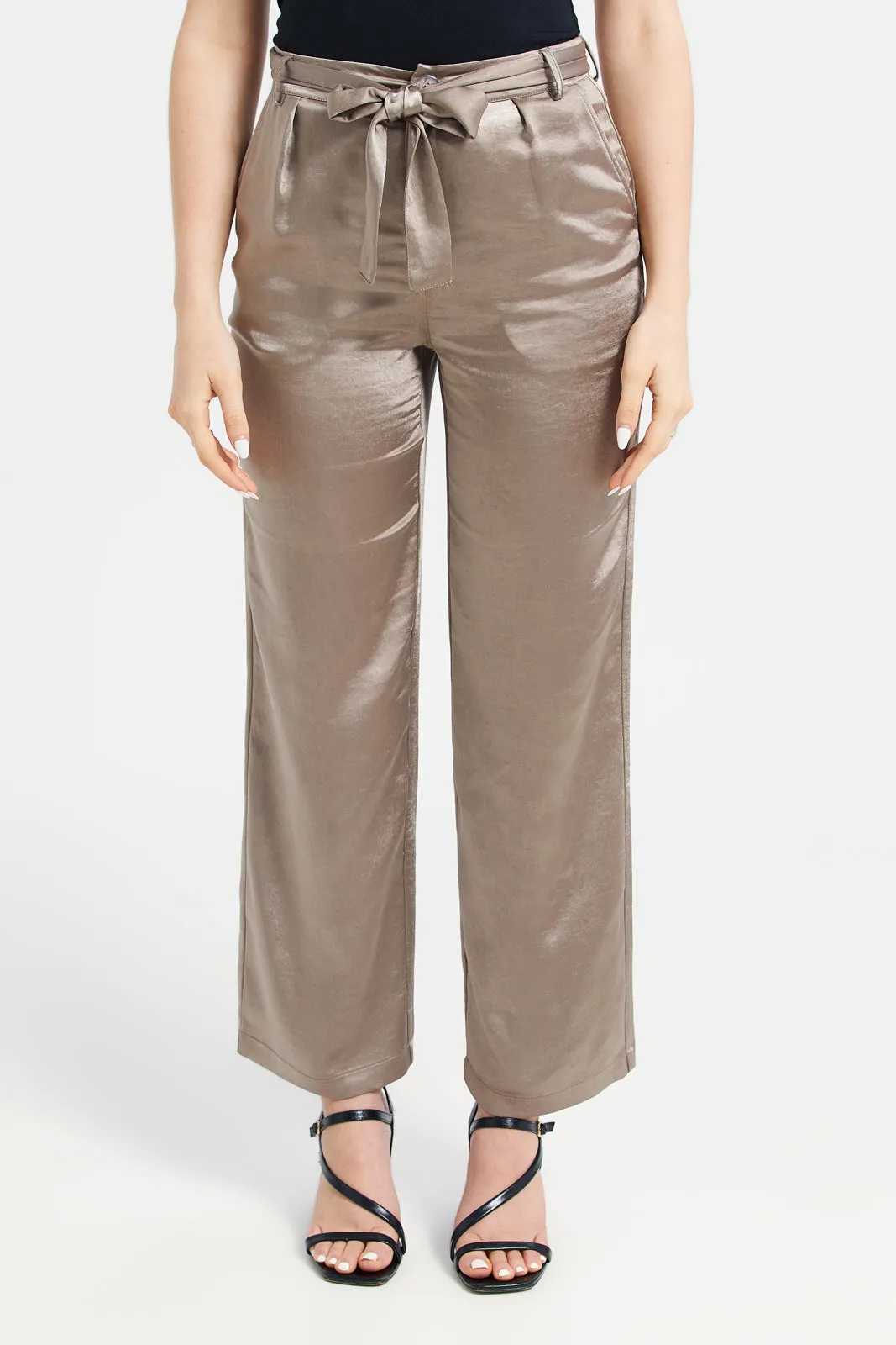 Women Taupe Tie Up Satin Trousers