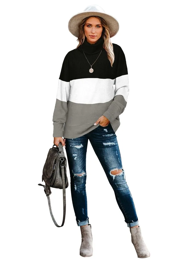 Women's Color Block Pullover Turtleneck Sweater Oversized Turtleneck Side Split Tops