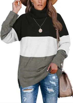 Women's Color Block Pullover Turtleneck Sweater Oversized Turtleneck Side Split Tops
