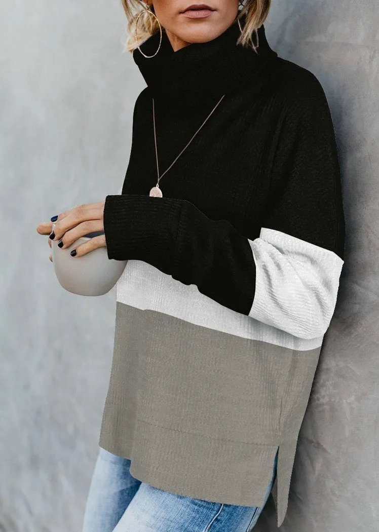 Women's Color Block Pullover Turtleneck Sweater Oversized Turtleneck Side Split Tops