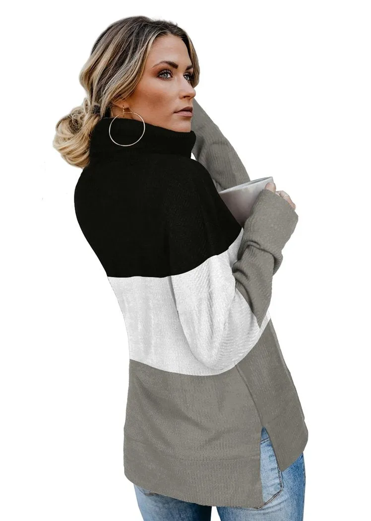 Women's Color Block Pullover Turtleneck Sweater Oversized Turtleneck Side Split Tops