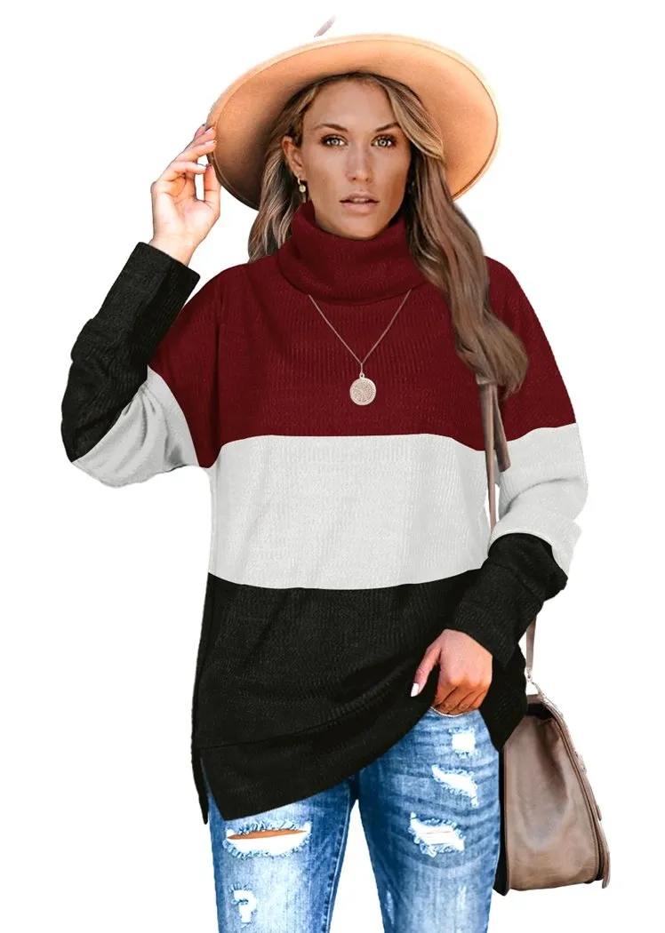 Women's Color Block Pullover Turtleneck Sweater Oversized Turtleneck Side Split Tops