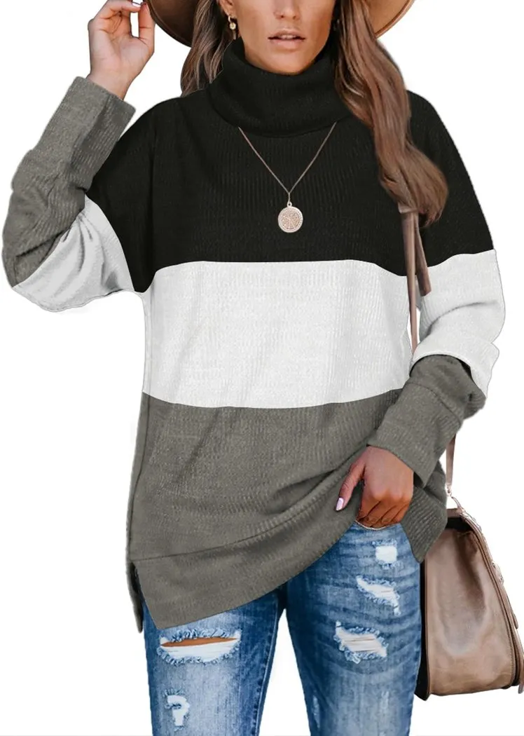 Women's Color Block Pullover Turtleneck Sweater Oversized Turtleneck Side Split Tops