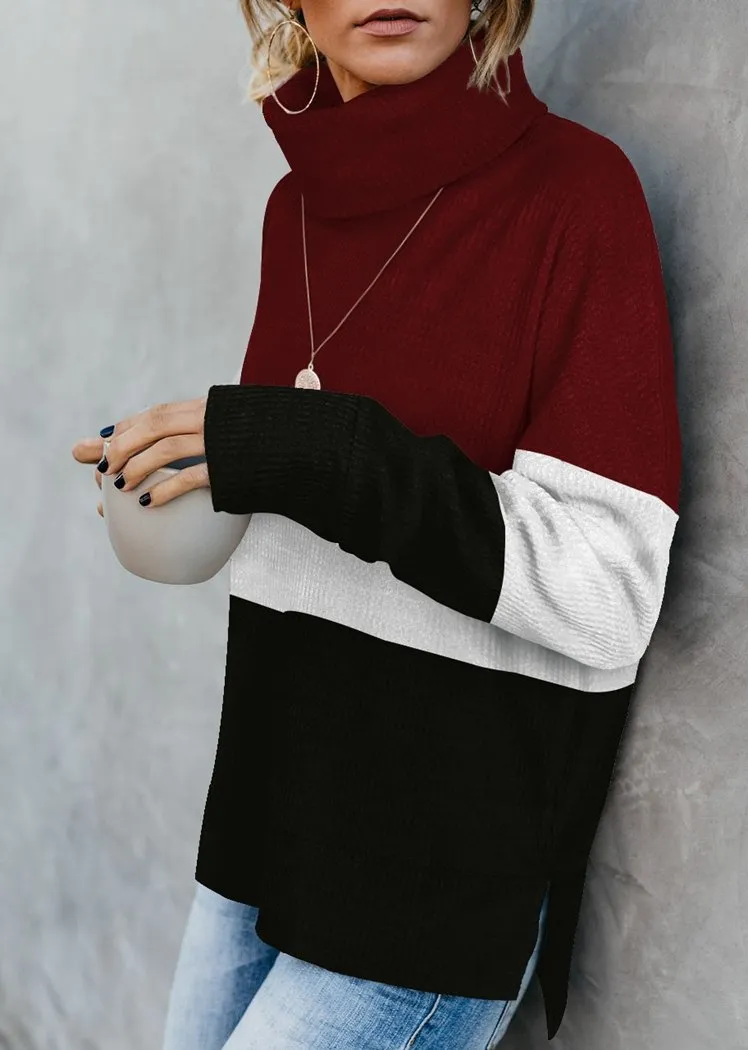 Women's Color Block Pullover Turtleneck Sweater Oversized Turtleneck Side Split Tops