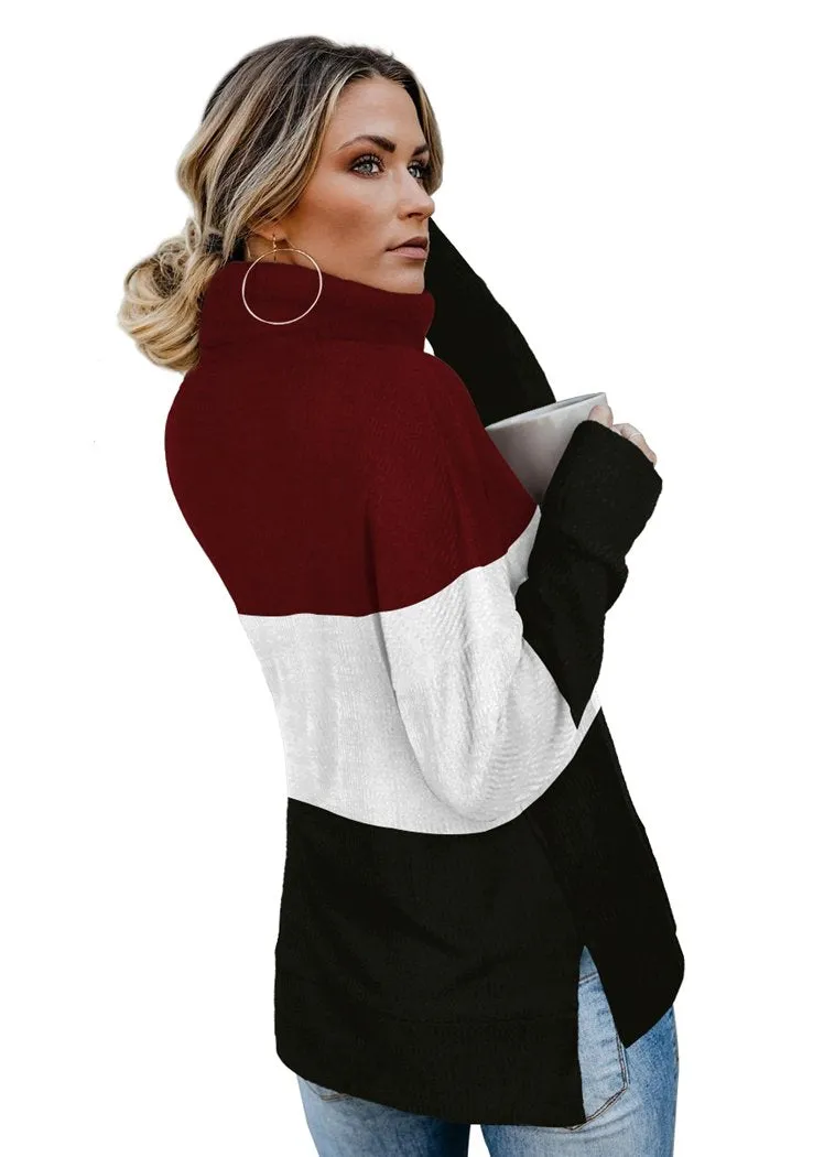 Women's Color Block Pullover Turtleneck Sweater Oversized Turtleneck Side Split Tops
