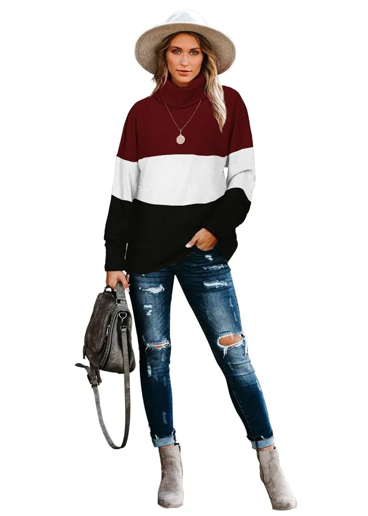 Women's Color Block Pullover Turtleneck Sweater Oversized Turtleneck Side Split Tops