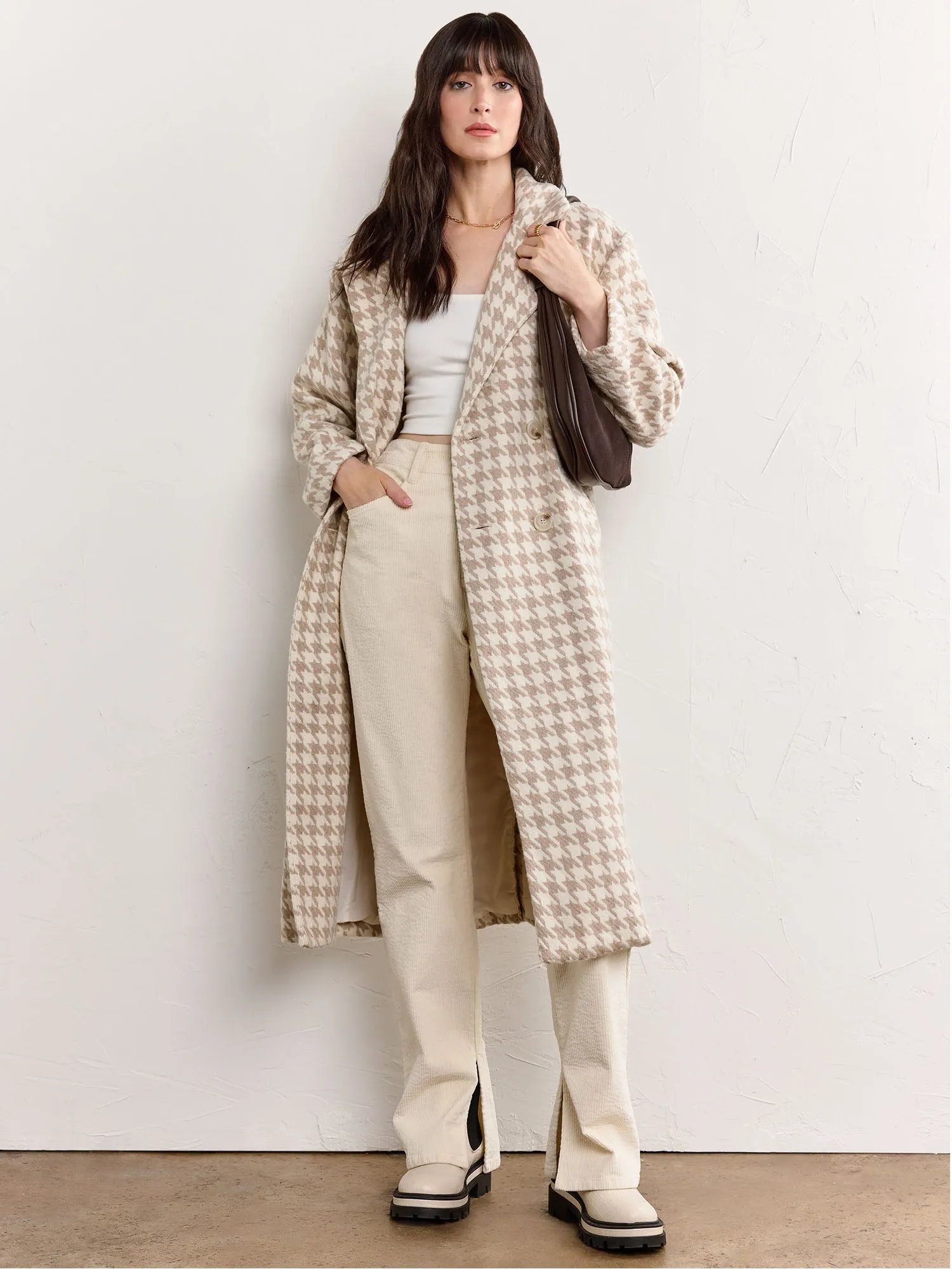 Wool Blend Houndstooth Duster Coat - Fore Collection